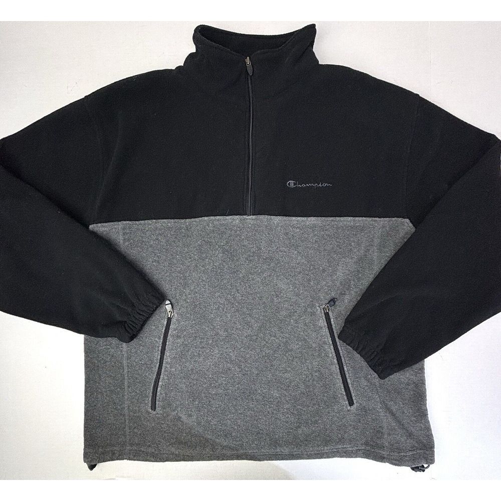 VTG 90s Champion Mens 2XL Fleece Pullover Jacket 1/4 Zip Black Gray Mountain EC